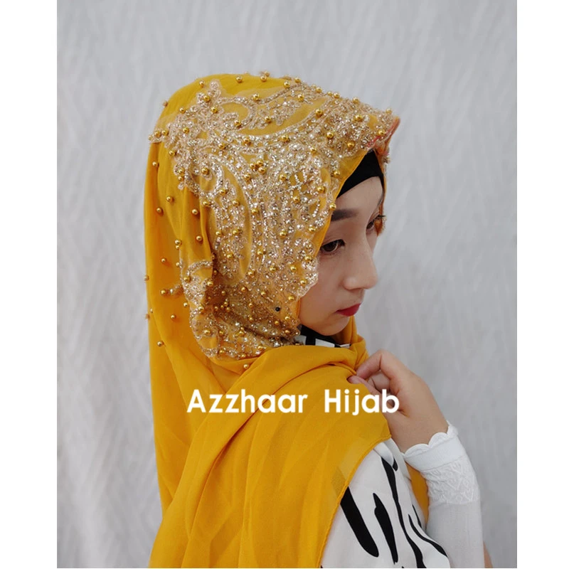 Женский хиджаб однотонные Стразы расшитые бисером блестки шифоновые шелковые