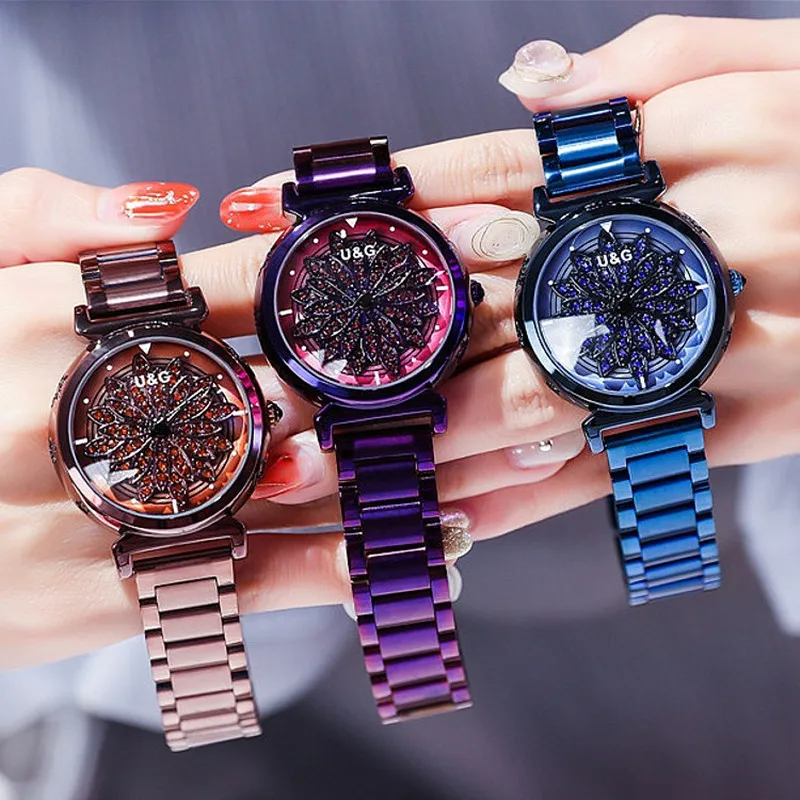 High  Top Quality Rotation Women Watches Lady Luxury Rhinestion Casual Quartz Watch Woman Stainless Steel Watch reloj mujer enlarge