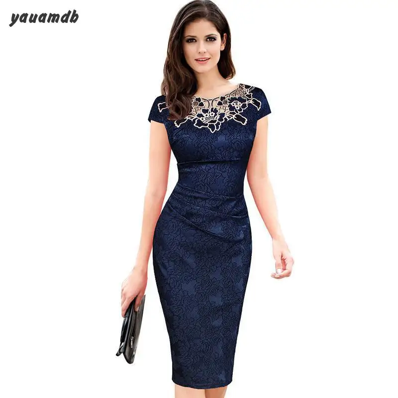 

Yauamdb Women Dress 2017 Spring Summer Size S-3xl Ladies Short Sleeve Rose Lace Package Hip Dress O-neck Slim Clothes Y58