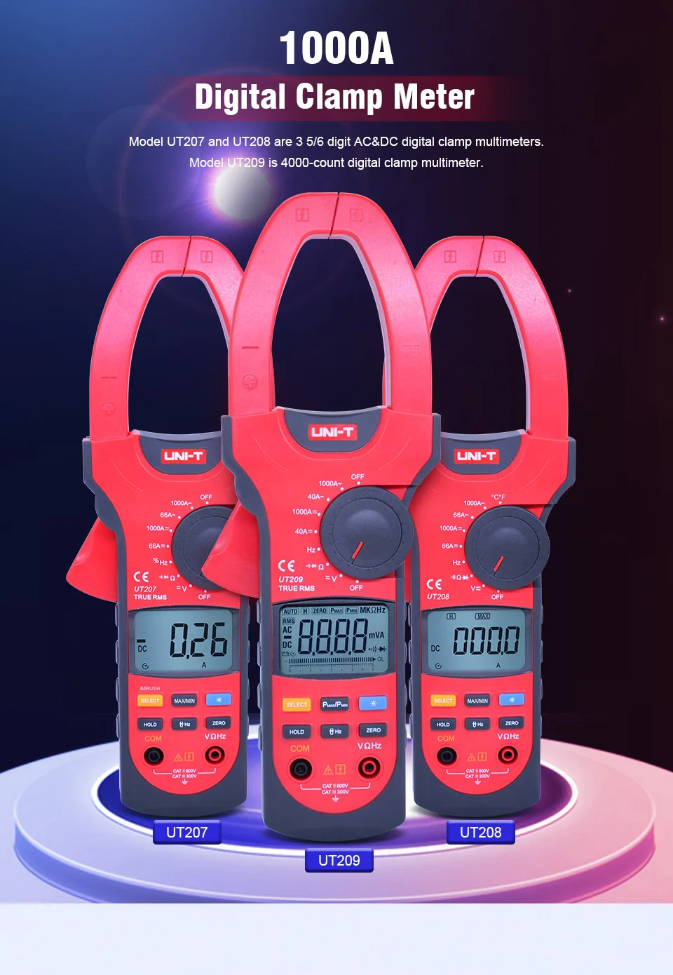 UNI-T UT207/UT208/UT209 промышленный цифровой клещи 1000A 600 в True RMS Автоматический диапазон клещи мультиметры Амперметр Вольтметр