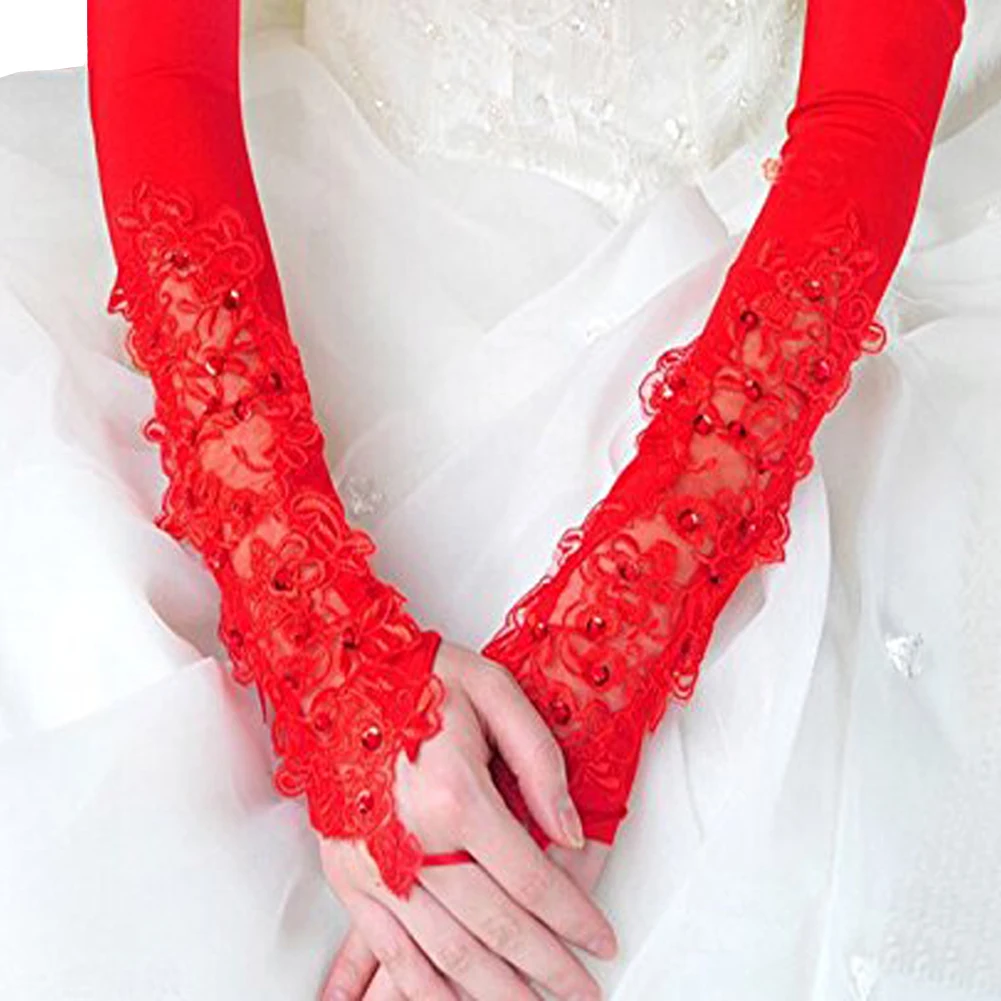 Женские перчатки 2017 модные женские тянущиеся Сатиновые кружевные с аппликацией