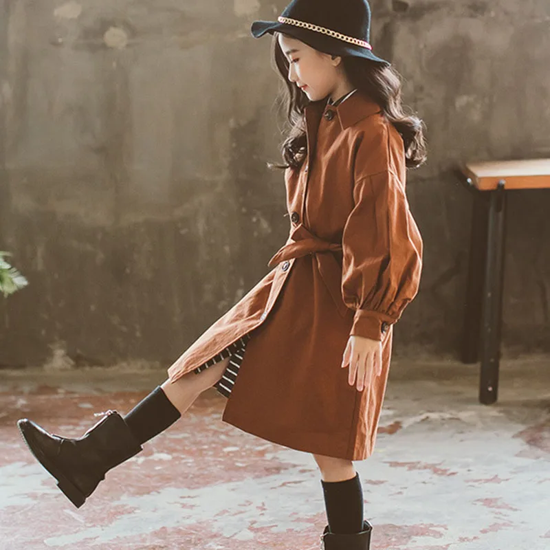 Khaki Green Long Belt Jackets For Teenage Boys Sleeve Trench Coat Kids Outerwear Top Clothing Children Jacket Baby Girl | Детская одежда