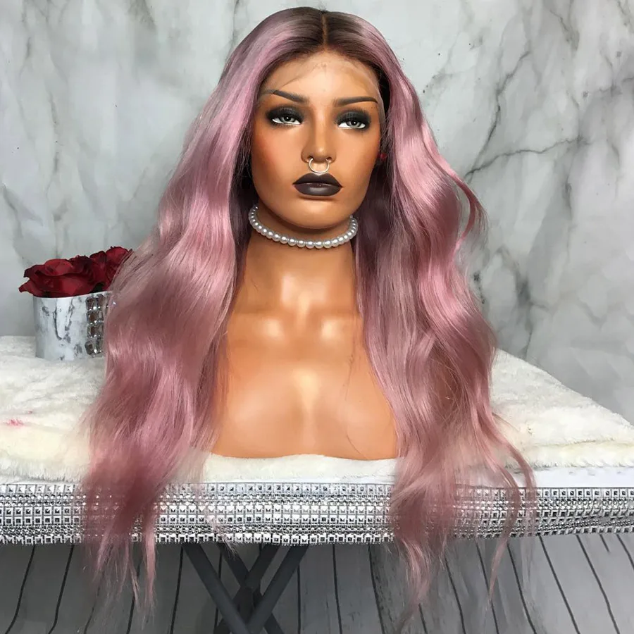 Peach Pink Colodo Реми бразильские Синтетические волосы на кружеве человеческих волос парики 13X4 фиолетовый волнистый парик с детскими волосами предварительно вырезанные розовый парики из натуральных волос с Африканской структурой, Для женщин - Цвет: Peach Pink