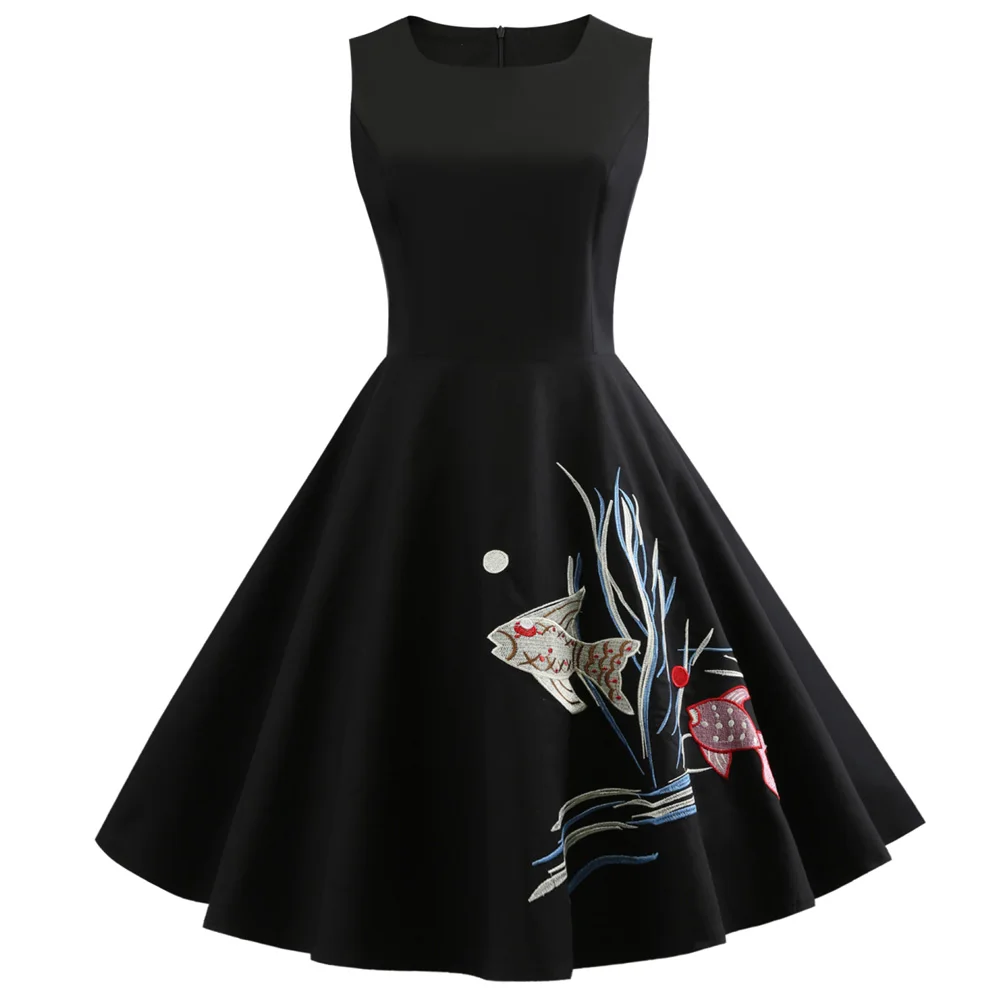 Женское винтажное платье без рукавов черное в стиле ретро 50-х годов с вышивкой