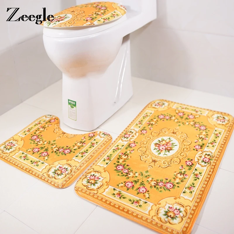 

Zeegle 3pcs/set Jacquard Bath Mats Toilet Rugs Non-Slip Bathroom Carpets Set Pedestal Rug Toilet Lid Cover Bathroom Accessories