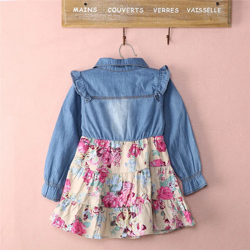 Хлопчатобумажное джинсовое платье для девочек с цветочными принтами. Летняя