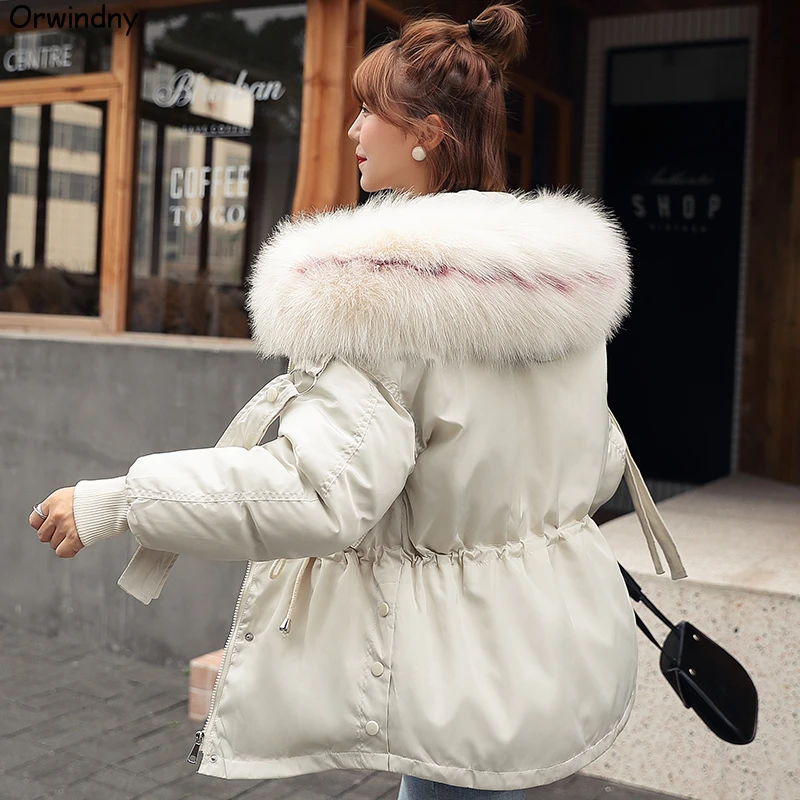 Orwindny Winter Coat Women Large Fur Collar Winter Parkas Female Slim Fashion Short Cotton Padded Jacket Hooded Wadded Coat