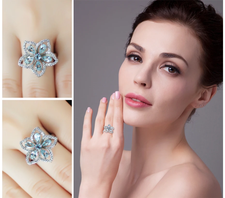 Jewelrypalace цветок 1.5ct Природный Голубой топаз коктейльное кольцо стерлингового