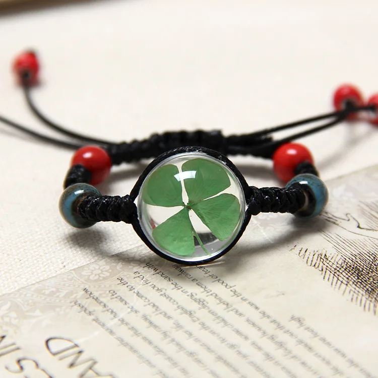 Four-leaf clover YWHL милый круглый браслет из стеклянных бусин клевера, натуральный растительный сушеный цветок образец ручной тканый зеленый женский браслет из бисера оптом - Окраска металла: Four-leaf clover