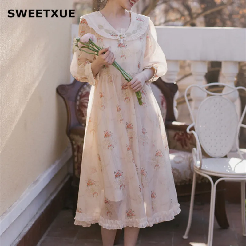 Летнее винтажное шифоновое платье SWEETXUE с кукольным воротником цветочное