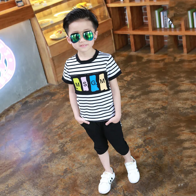 Children Set 2021 summer new children's two-piece boy cotton stripe short sleeve + pant 2pcs sets |