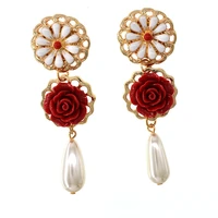 elegant fashion gold color metal big flower earrings for women imitation pearl jewelry house wife office wear dropshipping