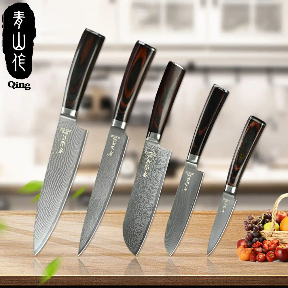 5 PCS Set Цин VG10 дамасский стальной нож высокого качества Дамасские кухонные ножи с цветной деревянной ручкой 73 слоя Дамасского ножа инструмент для приготовления пищи - Цвет: 5 PCS Set