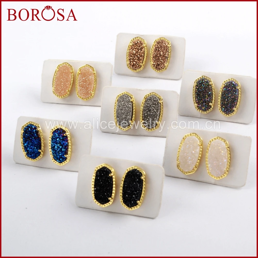 BOROSA, 5 пар, золотой цвет, коготь, шестиугольник, радуга, титан, Druzy, серьги-гвоздики, Натуральный Drusy, женские серьги, ювелирное изделие, ZG0342