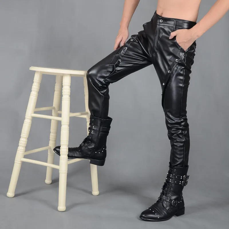 

Black motorcycle faux leather pants men casual trousers straight pu skinny pants for mens windproof clothing slim personalized