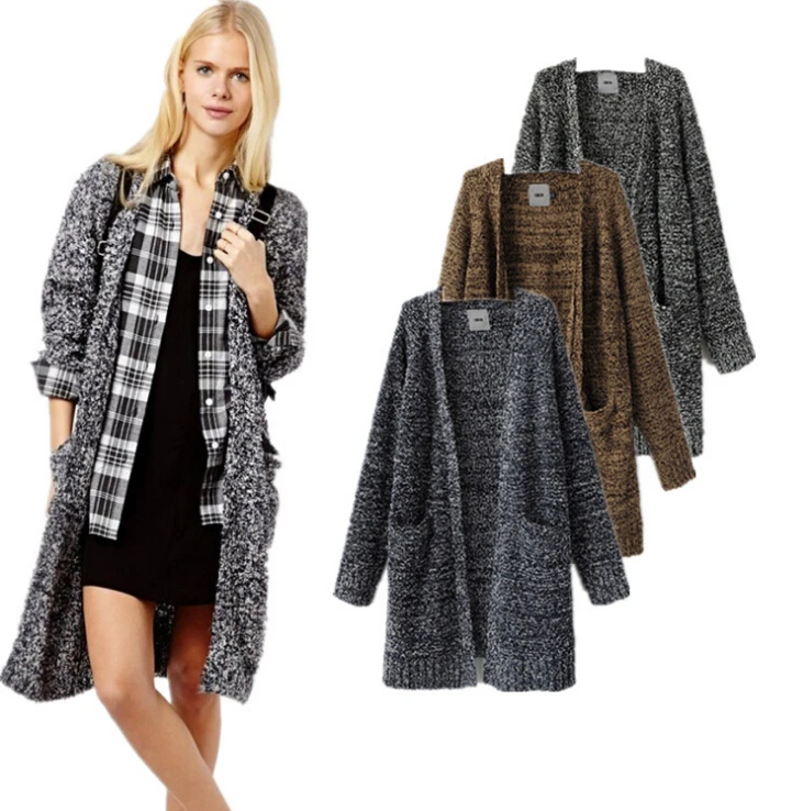 

Женские длинные свитера, кардиганы, модный вязаный свитер с двойным карманом и открытой строчкой для женщин, трикотажная верхняя одежда с д...