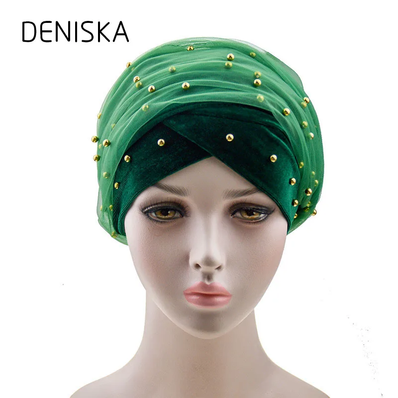 DENISKA новинка 2018 африканская повязка на голову Женский бархатный тюрбан с бисером