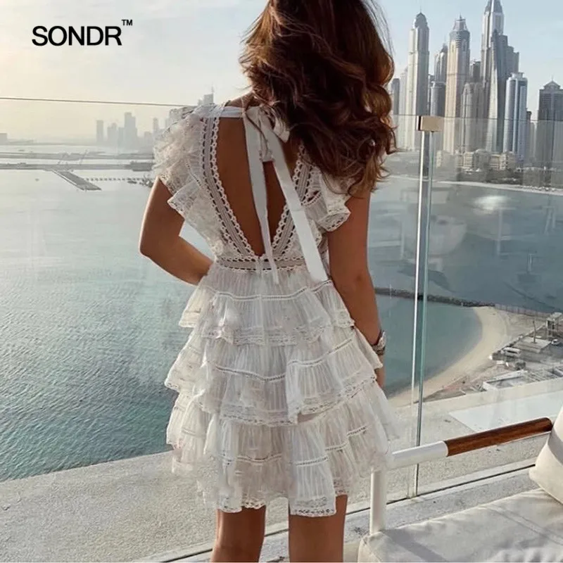 

SONDR Spring Lace Patchwork Two Piece Set Women O-Neck Short Sleeve Blouse Ruffles Female Suit Fashion 2019