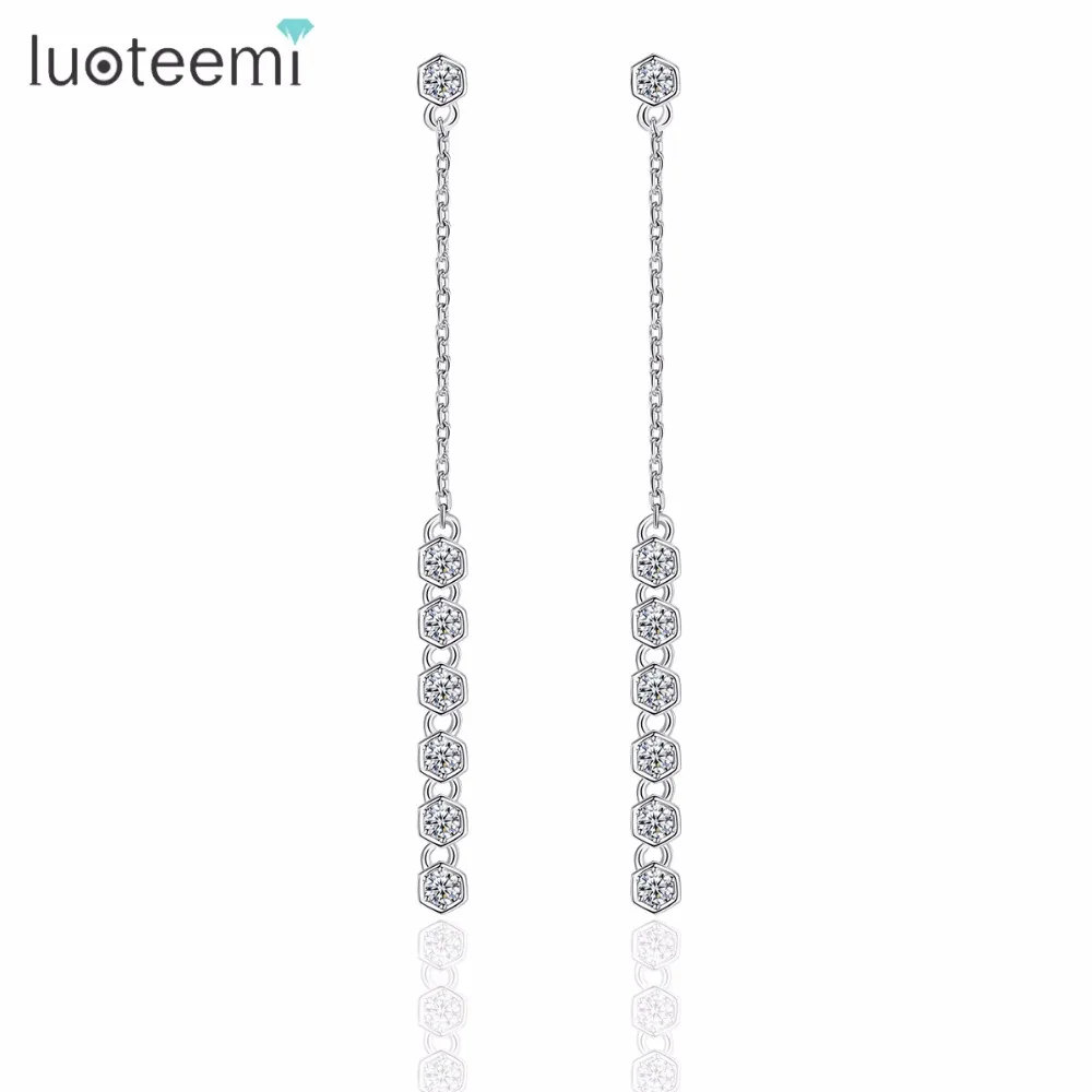 Женские классические серьги подвески LUOTEEMI из белого золота с круглым фианитом 7