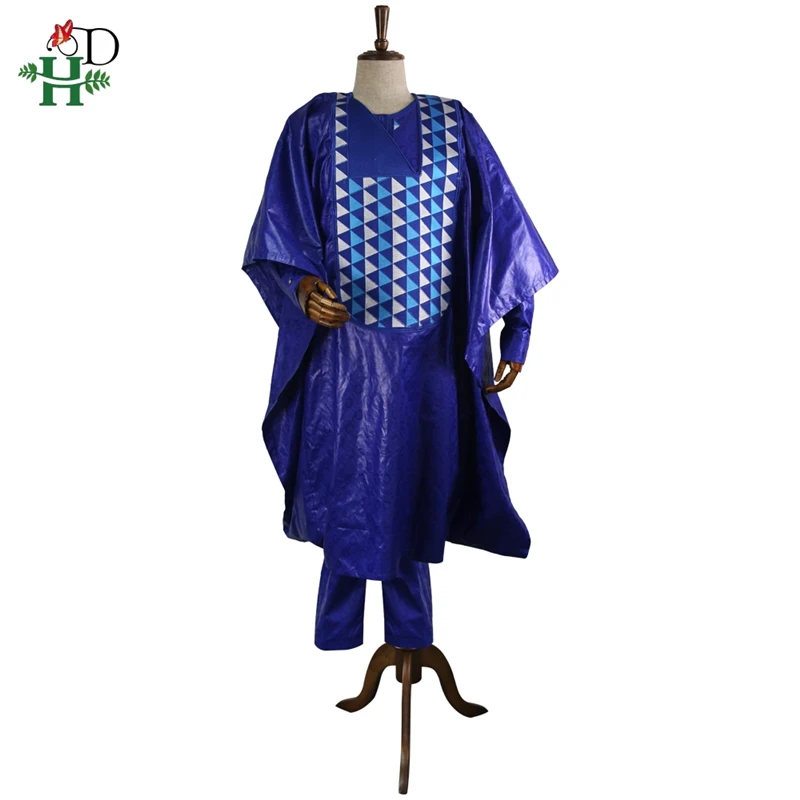 H& D мужская одежда в африканском стиле синий костюм agbada накидка рубашка брюки комплект из 3 предметов без шапки Дашики халат вышивка Африканский узор PH3307