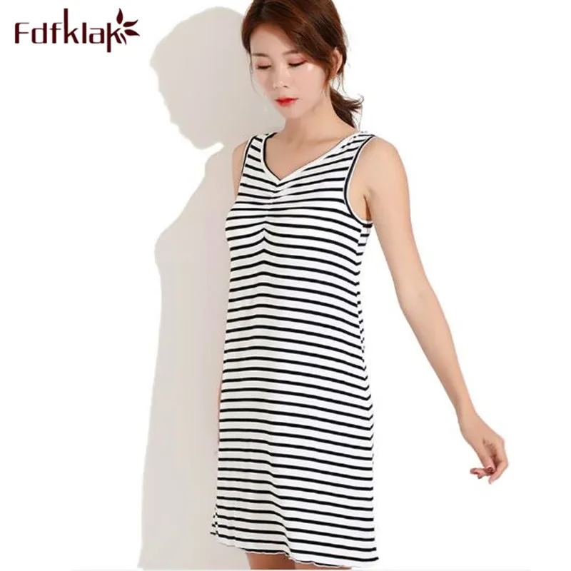 

Fdfklak Fashion striped summer sexy sleepwear bra padded lingerie women nightgown sleeveless cotton nightshirt female night dess