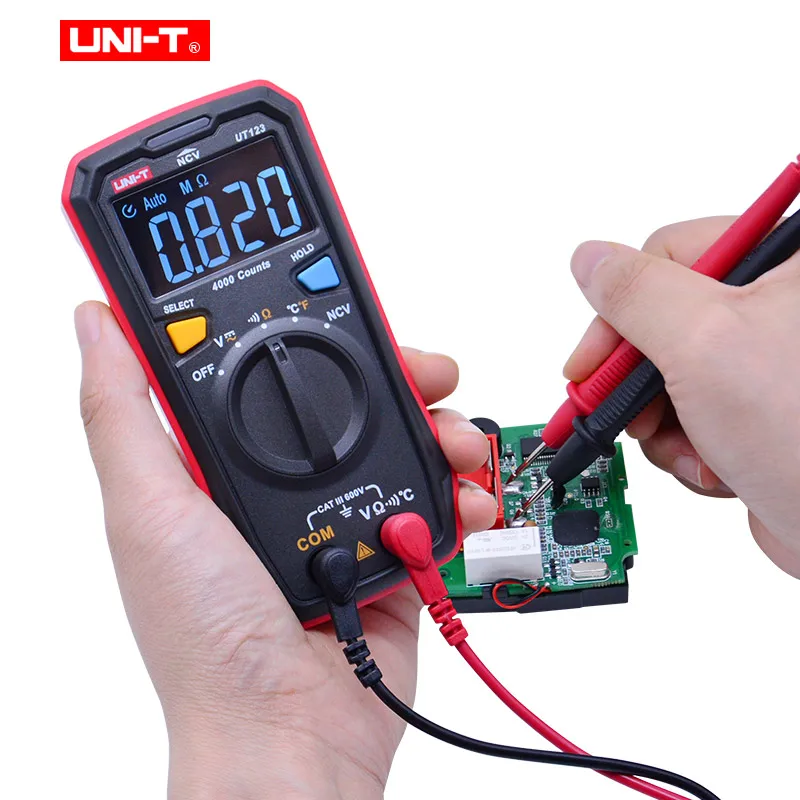 UNI-T UT123 Мини цифровой мультиметр; Удержание данных AC DC Вольт Метр; Ом Температура тест er; NCV/непрерывность тест с цветным экраном EBTN