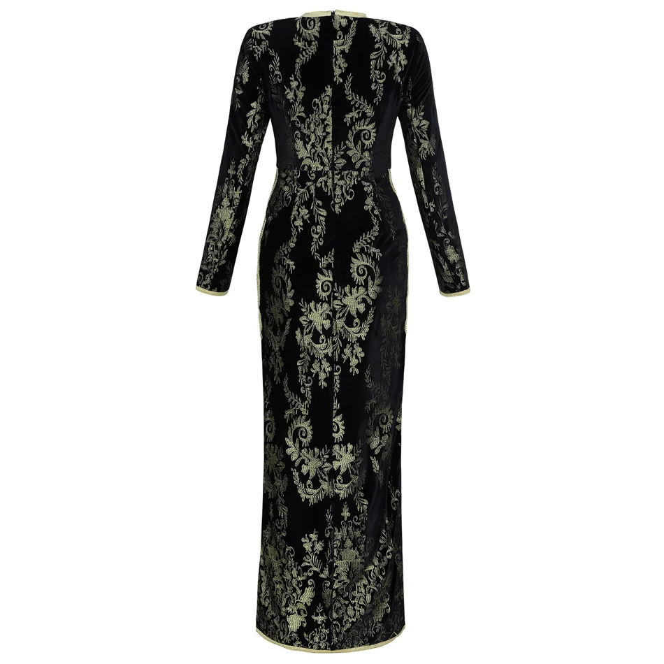 Благородное Золотое Платье с вышивкой Caftan Romeo, элегантное вельветовое платье, новое платье с круглым вырезом и Боковым Разрезом, с длинным рукавом, с вырезом, макси, облегающее платье