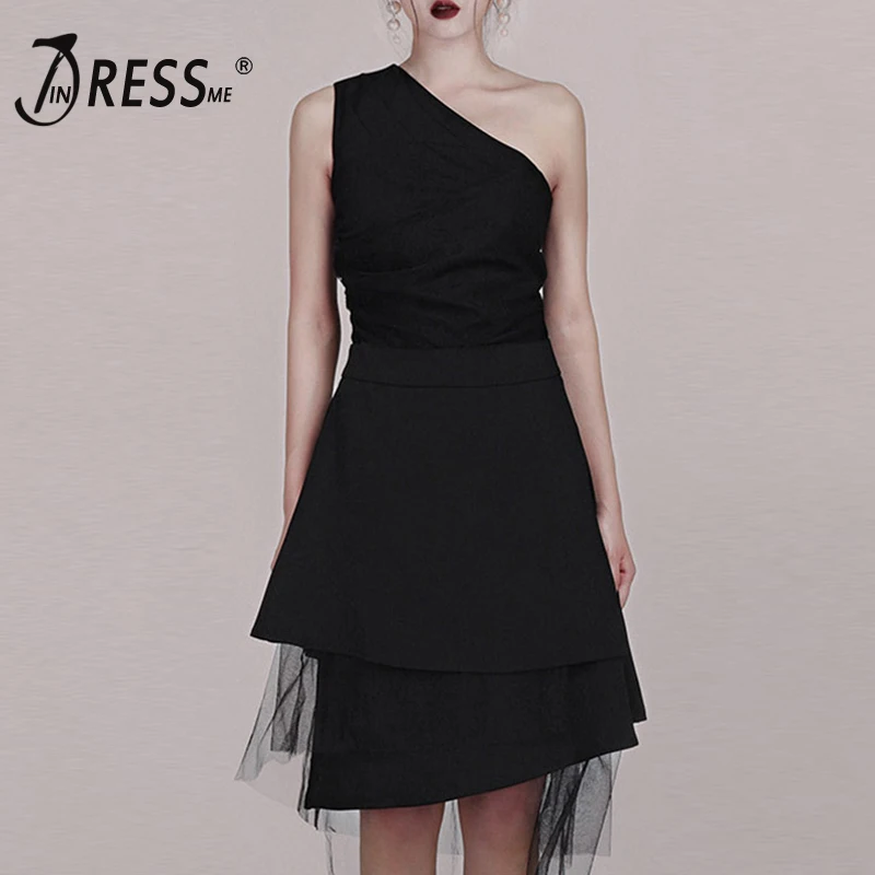 

INDRESSME 2019 Новый сексуальный топ на одно плечо без рукавов однотонный черный Асимметричный Подол платье юбка женские комплекты Вечерние