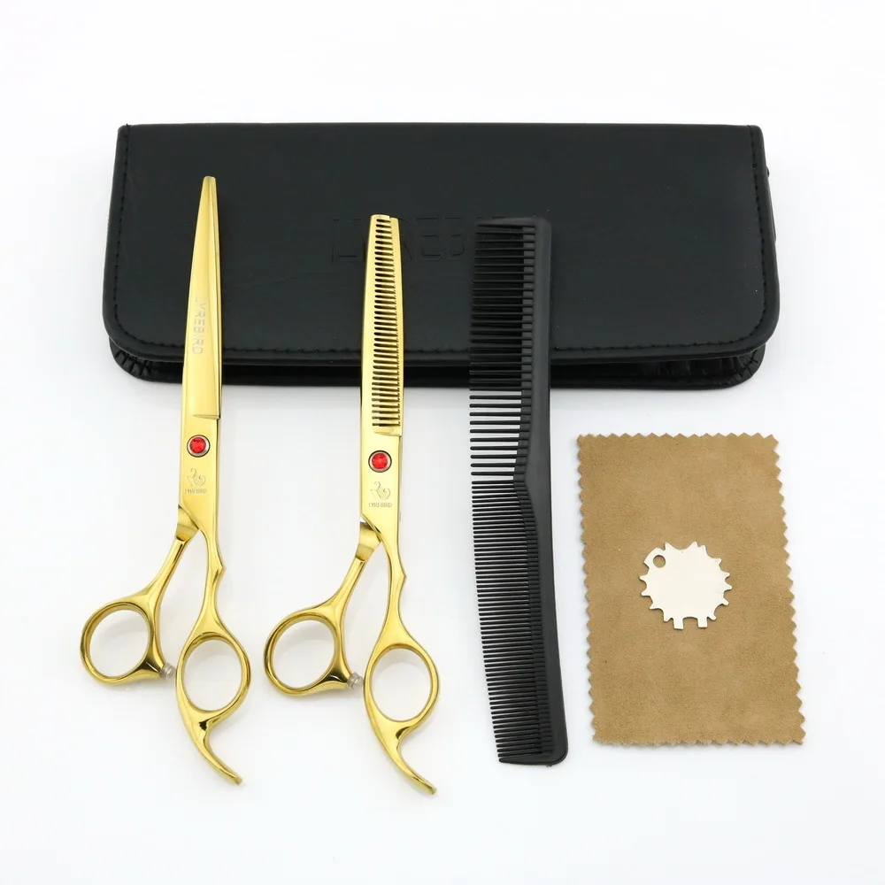 Golden set with bag1 Ножницы для стрижки волос 7 дюймов+ истончение 6,5 дюймов LYREBIRD ножницы для ухода за домашними животными Парикмахерские ножницы 5 цветов на выбор Горячая Новинка - Цвет: Golden set with bag1