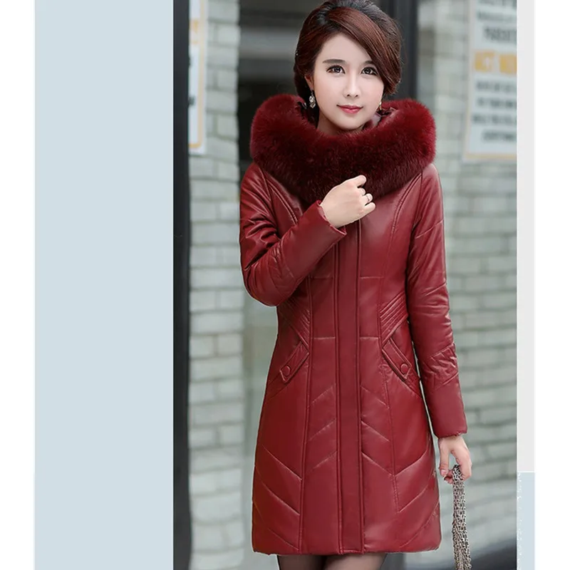Red wine UHYTGF/L-7XL, модные зимние кожаные куртки с меховым воротником и капюшоном, Женская роскошная кожаная куртка, хлопковое тонкое теплое Женское пальто 126 - Цвет: Red wine