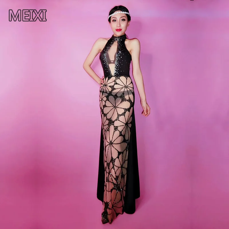 

Super sexy deep V see-through black petal rhinestone dress bar party concert singer/dancer costume