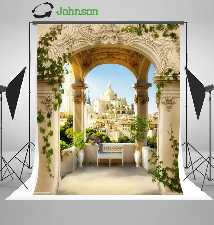 

Palace Outdoor Patio Arch Column Green Leaves photo backdrop polyester or Vinyl cloth Computer print wedding background