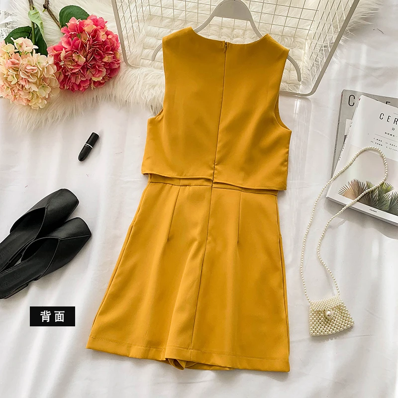 2019 новые модные женские комбинезоны ретро сплошной цвет жилет с круглым вырезом