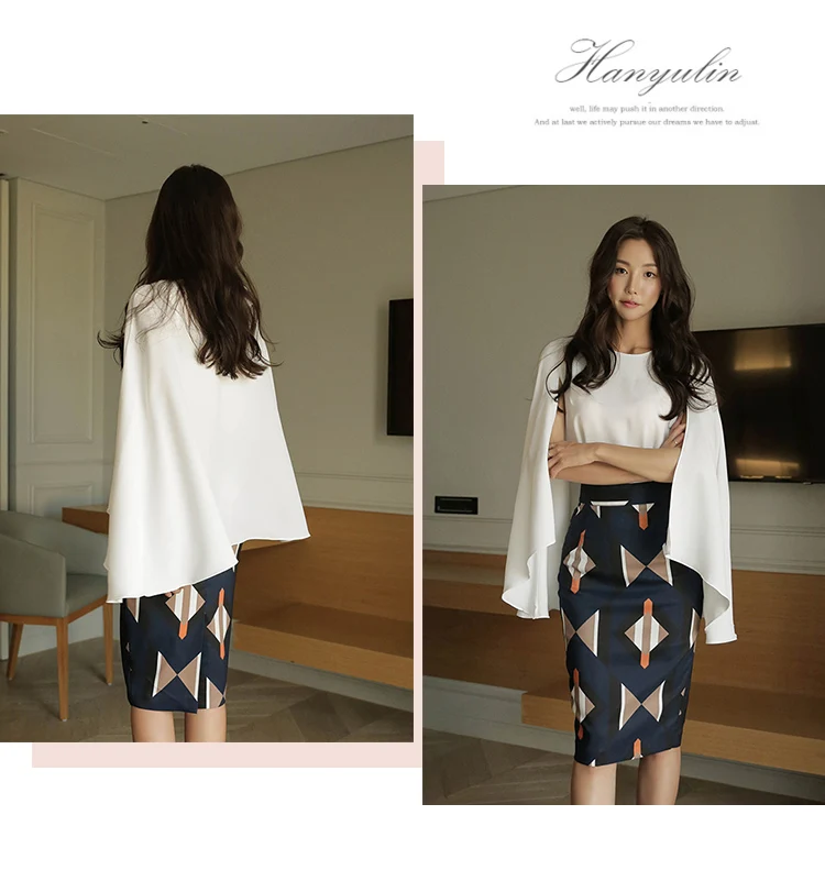 High Quality Spring Summer Two Piece Set Women Cloak Sleeve White Blouses Tops OL Printing Skirt Suits 2 Piece Set Women SL239