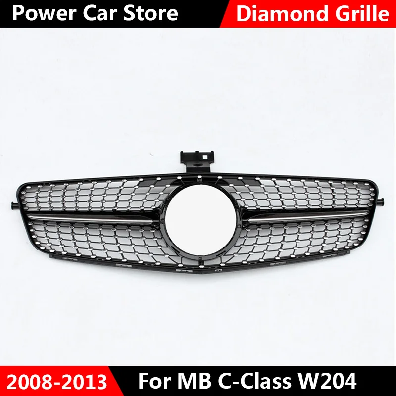 Chrome Black Решетка подходит для MB C-Class W204 Алмазная решетка глянцевый черный/Серебристый Хром C180 C200 C300 C250 C350 2008- с эмблемой - Цвет: Chrome Black