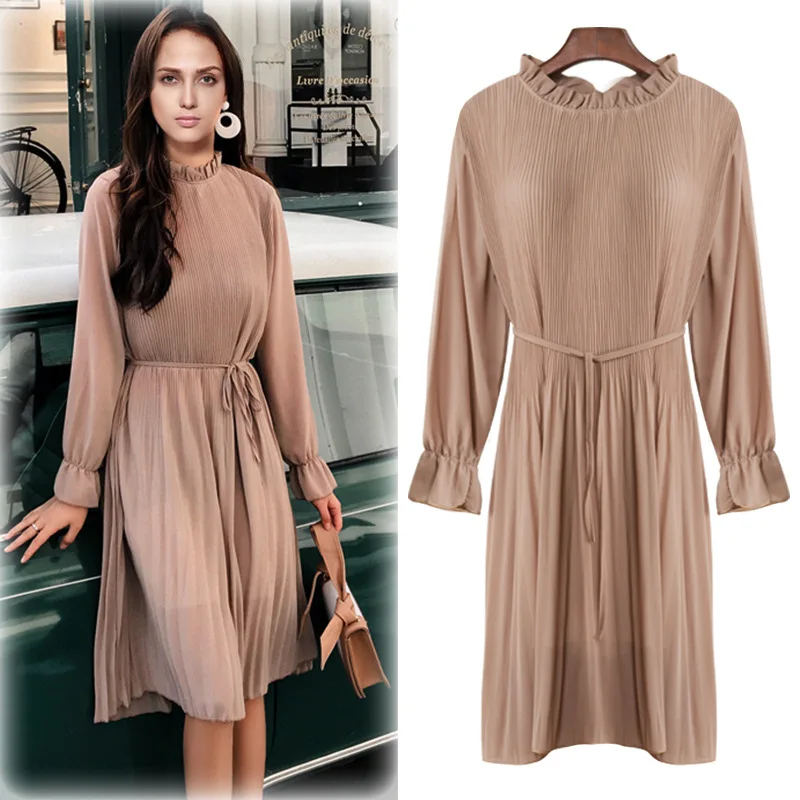 

Office Lady Flare Sleeve Long Chiffon Dress Women For Autumn 2020 Pleated Stand Collar Knee-length Dress Women For Office