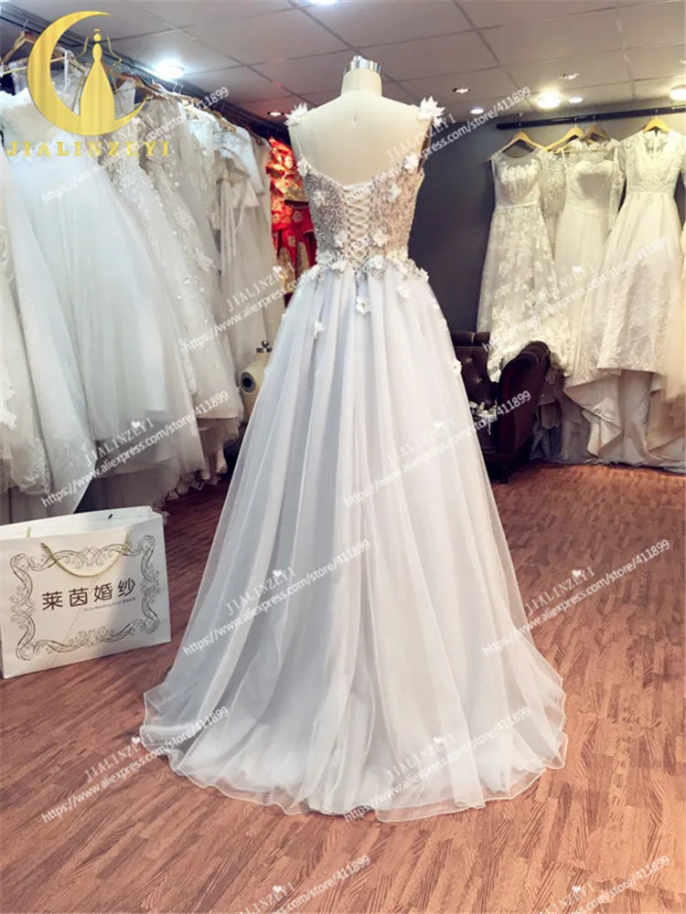JIALINZEYI Real Image Sample Sexy Sexy V Neck Light Grey Crystal Flowers Tulle A-line Fashion party dresses evening dress 2020