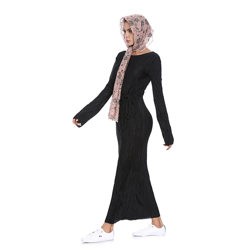 New Elegant Muslims Gown Women Dress Trumpet Sleeves Long With Sashes Round Collar Sleeve Autumn Straight Vestidos | Женская одежда
