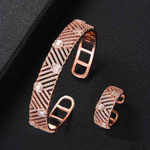 H128 Rose Gold Godki роскошный модный браслет из Саудовской Аравии набор серебряных колец комплекты украшений для женщин Свадебные помолвки brincos para as mulheres - Окраска металла: H128 Rose Gold