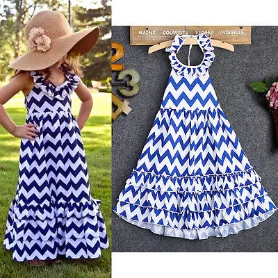 Maxi Kids Girls Long Evening Party Dress Boho Stripe Summer Beach Sundress 3-10Y | Детская одежда и обувь