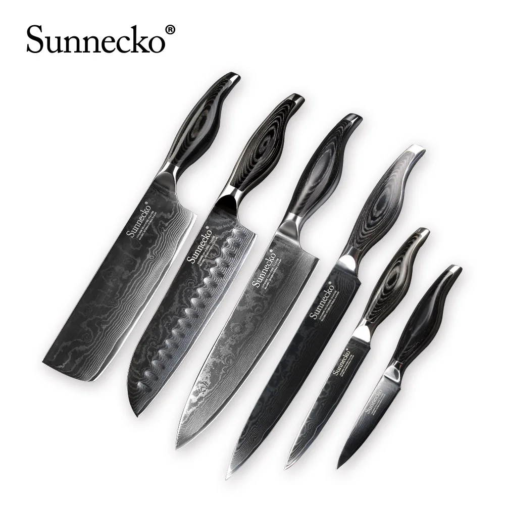 Sunnecko 8 шт. набор ножей из дамасской стали Подарочная коробка набор кухонных ножей для шеф-повара домашний хлеб Santoku для очистки овощей Кливер слайсер с деревянной ручкой - Цвет: 6pcs Knife Set A