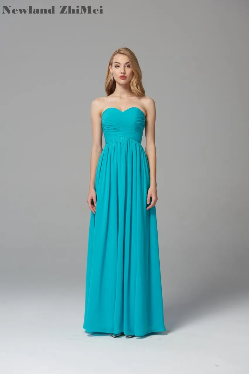 

Newland ZhiMei Peacock Blue A Line Bridesmaid Dresses Good Quality Custom Made Long Strapless Chiffon Dress for Wedding Party