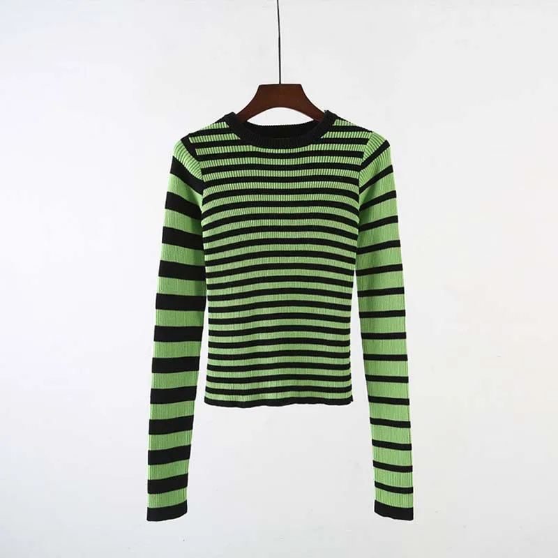 Green pullover Харадзюку зеленые полосатые пуловеры женские осенние зимние винтажные тонкие свитера с круглым вырезом брендовые модные вязаные Джемперы Женские топы - Цвет: Green pullover