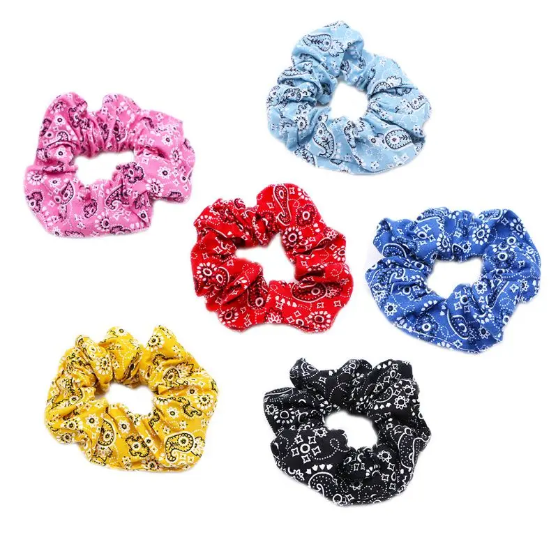 

Women Girls Ruched Pleated Large Intestine Hair Rope Bohemian Ethnic Retro Paisley Floral Printed Ponytail Holder Bandanna