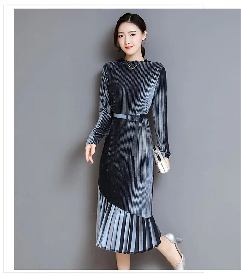 Fashion Autumn Winter Women Dress Elegant Sexy Pleate Female Dress Vintage Long Sleeve Velvet Two-piece suit Dresses vestidos
