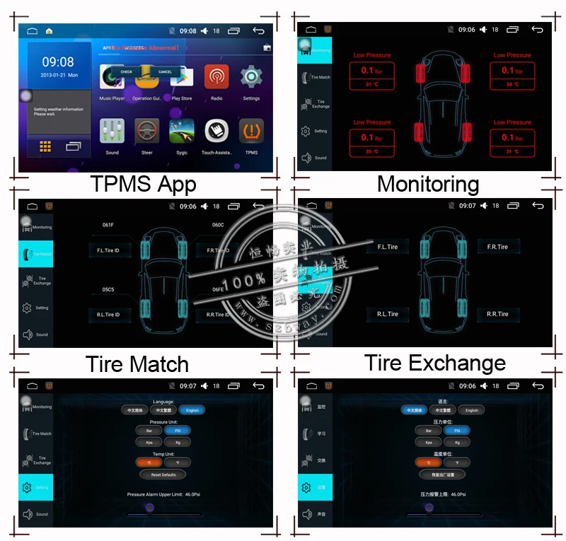 Bway USB автомобильный TPMS Android контроль давления в шинах с 4 внутренними датчиками для Android АВТОМАГНИТОЛЫ АВТОМОБИЛЬНЫЕ системы охранной сигнализации