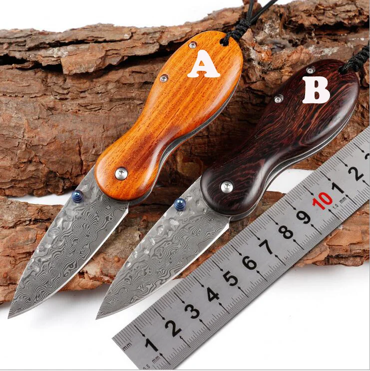 Freewolf 2 Style EDC Pocket Folding Knife Damascus Steel Blade Rosewood handle With Leather Sheath H0129 | Инструменты