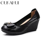 Женские туфли на танкетке OUKAHUI, демисезонные туфли из натуральной кожи на высоком каблуке, без застежки, с бантом, туфли-лодочки с кристаллами, 2021