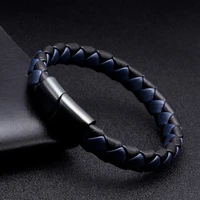 unique braided blue genuine leather men charm bracelet bangles luxury cuff charm bracelets male sporty magnetic clasp jewelry