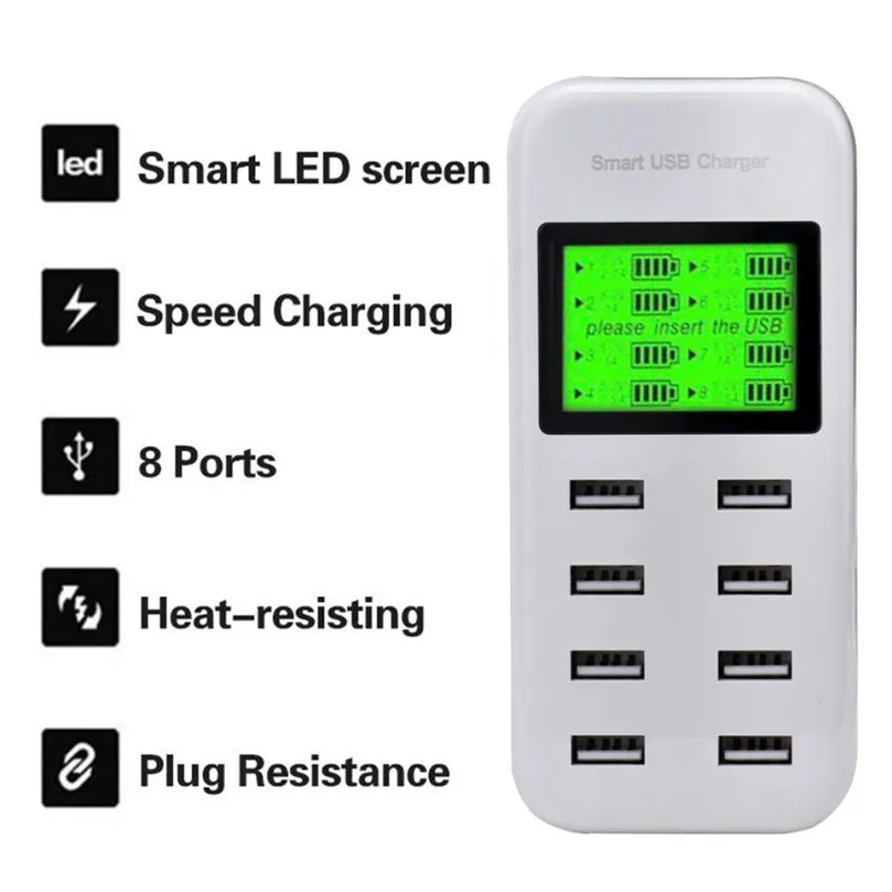 

8 Ports Multi-port USB Wall Charger Hub Smart Charging Dock LCD Display For Smartphone Tablets AC100-240V